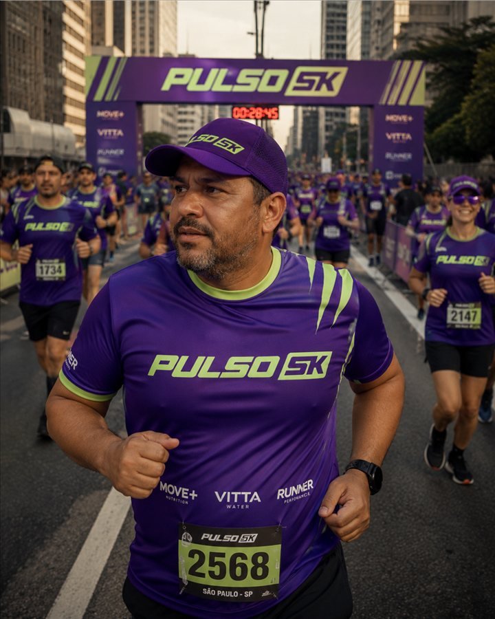 Runner wearing the Pulso 5K race shirt crossing under the event arch on Avenida Paulista