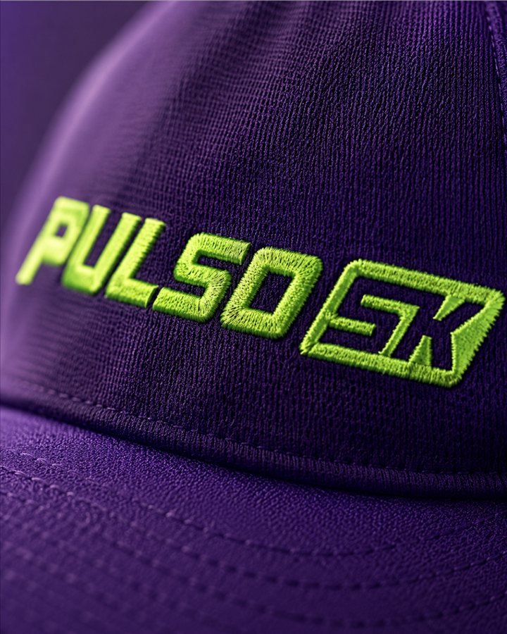 Close-up of the embroidered Pulso 5K logo on a race cap