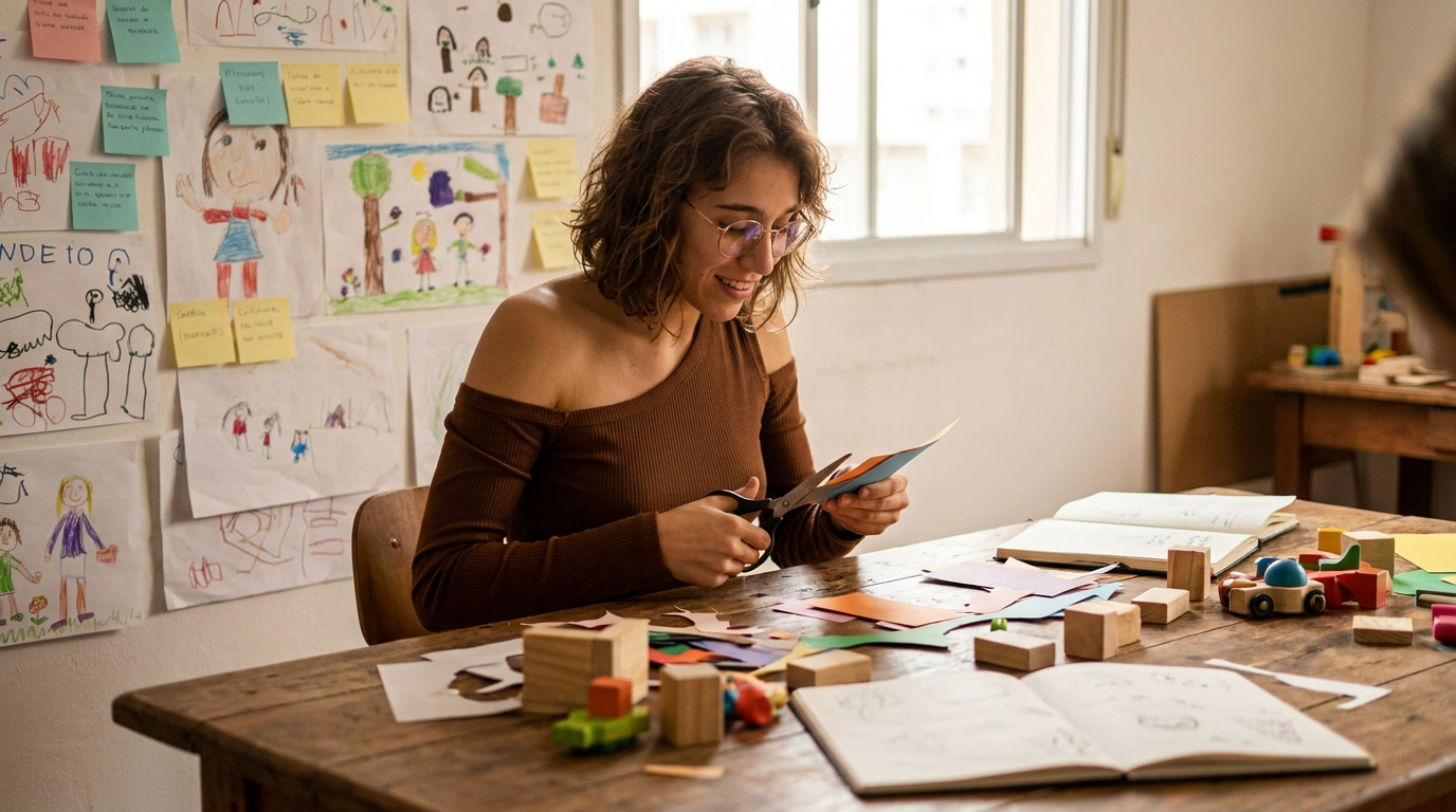 Helen Luizon recortando papéis coloridos em sua mesa de trabalho criativa, cercada por desenhos e materiais de design